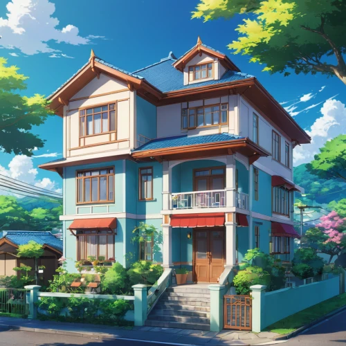 apartment house,house painting,sky apartment,beautiful home,apartment building,apartment complex,studio ghibli,private house,residential,house by the water,residential house,tropical house,an apartment,frame house,shared apartment,tsumugi kotobuki k-on,home landscape,two story house,seaside resort,apartment block,Illustration,Japanese style,Japanese Style 03
