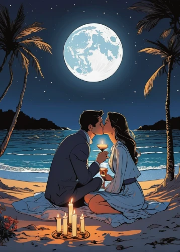 honeymoon,romantic night,romantic scene,beach moonflower,romantic,the moon and the stars,romantic portrait,romantic dinner,moonlight,beach background,romantic look,romance,candlelights,the night of kupala,world digital painting,sci fiction illustration,romantic meeting,digital illustration,honolulu,idyll,Illustration,Vector,Vector 02