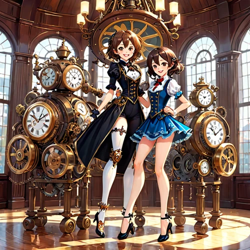 euphonium,steampunk,steampunk gears,kantai collection sailor,clockmaker,haruhi suzumiya sos brigade,yui hirasawa k-on,clockwork,clock,ballerinas,clocks,astronomical clock,cg artwork,world clock,grandfather clock,honmei choco,two girls,love live,clock hands,rococo,Anime,Anime,General