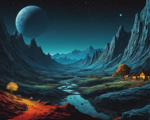 lunar landscape,valley of the moon,moonscape,fantasy landscape,moon valley,alien planet,futuristic landscape,volcanic landscape,desert planet,desert landscape,alien world,dune landscape,terraforming,ice planet,desert desert landscape,scorched earth,barren,phase of the moon,fire planet,sci fiction illustration,Illustration,Black and White,Black and White 27