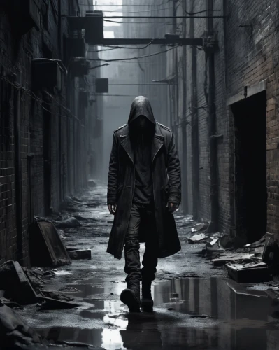 hooded man,blind alley,black city,cyberpunk,overcoat,trench coat,alleyway,alley,the wanderer,scythe,assassin,primitive man,game art,black coat,wuhan''s virus,old coat,walking man,post apocalyptic,world digital painting,game illustration,Conceptual Art,Fantasy,Fantasy 33