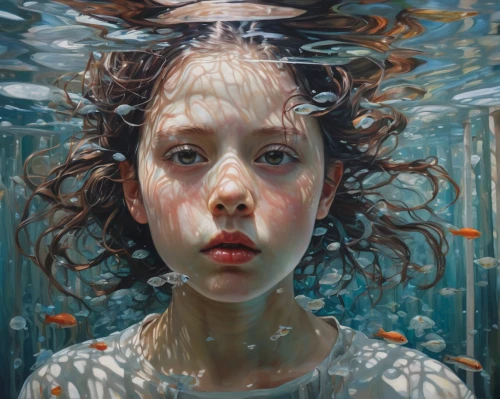 submerged,underwater,water nymph,under the water,under water,underwater background,underwater world,submerge,immersed,underwater playground,ocean underwater,mystical portrait of a girl,underwater landscape,in water,underwater fish,oil painting on canvas,girl with a dolphin,drowning,swimmer,submersible,Conceptual Art,Oil color,Oil Color 05