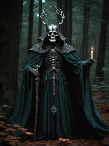 grimm reaper,death god,dance of death,grim reaper,undead warlock,blackmetal,imperial coat,angel of death,skull with crown,danse macabre,reaper,vestment,death's-head,dark art,gothic portrait,dark elf,dodge warlock,priest,archimandrite,hooded man,Illustration,Realistic Fantasy,Realistic Fantasy 05