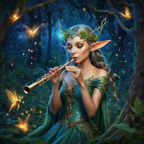 faerie,the flute,faery,bamboo flute,flute,fae,fantasy picture,fantasy portrait,fantasy art,flautist,harp player,pan flute,serenade,dryad,fairy queen,elven,fairy forest,art bard,woman playing violin,violin player,Illustration,Realistic Fantasy,Realistic Fantasy 02