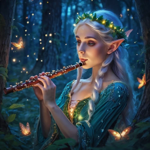 the flute,faerie,fantasy portrait,fae,flute,elven,elf,fantasy picture,male elf,faery,violet head elf,wood elf,fantasia,fairy tale character,fantasy art,bamboo flute,magical,elves,flautist,serenade,Illustration,Realistic Fantasy,Realistic Fantasy 02