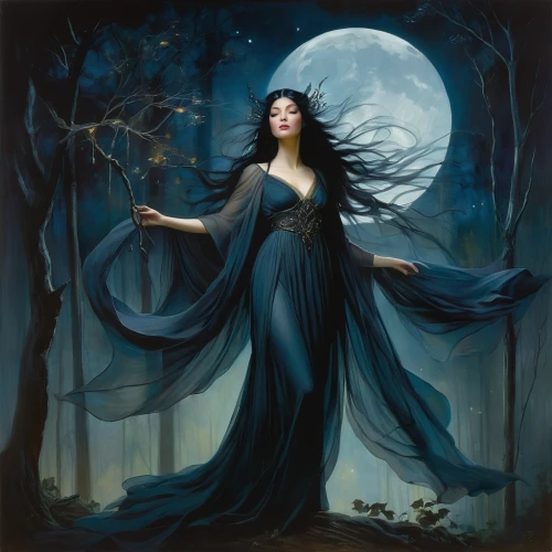 blue enchantress,faerie,queen of the night,faery,lady of the night,the enchantress,sorceress,fantasy picture,fairy queen,moonflower,nocturnal bird,rosa 'the fairy,blue moon rose,mystical portrait of a girl,dark angel,fantasy art,moonbeam,celebration of witches,moonlit night,fantasy portrait,Illustration,Realistic Fantasy,Realistic Fantasy 16
