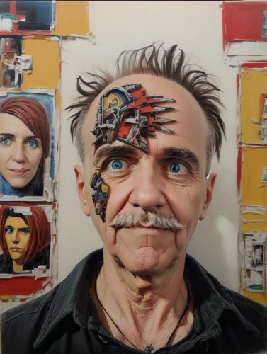 sculptor ed elliott,2d,cybernetics,exploding head,augmented reality,cyborg,face portrait,caricaturist,pop art people,artist portrait,bicycle helmet,streampunk,face paint,wreck self,scrap sculpture,virtual identity,boggle head,high-wire artist,split personality,headgear