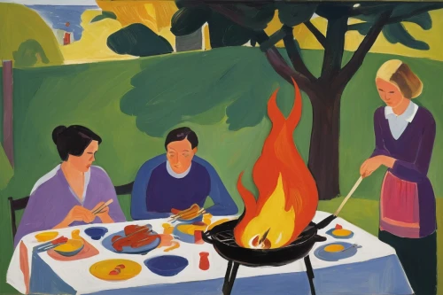 outdoor cooking,cooking book cover,barbecue,campfire,calçot,campfires,barbeque,painted grilled,grilled food,celebration of witches,firepit,saganaki,summer bbq,bbq,toasting,southern cooking,barbecue torches,feuerzangenbowle,placemat,khokhloma painting,Art,Artistic Painting,Artistic Painting 41