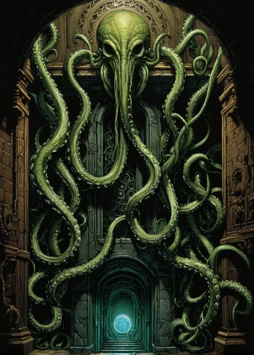 gorgon,medusa gorgon,kraken,tentacles,hinnom,octopus,medusa,portal,anahata,tentacle,auqarium,calamari,sci fiction illustration,cephalopod,shaper,cuthulu,squid game card,chamber,apiarium,sepulchre,Illustration,American Style,American Style 02