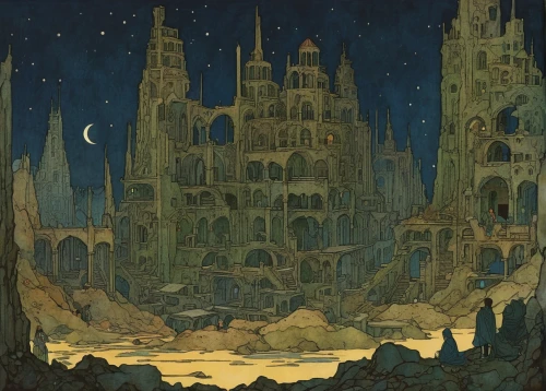 fantasy city,ancient city,gold castle,fantasy world,ruins,metropolis,the ruins of the,hamelin,citadel,knight's castle,castle of the corvin,old earth,gobelin,ruin,lunar landscape,art nouveau,fantasia,necropolis,fantasy landscape,knight village,Illustration,Retro,Retro 17