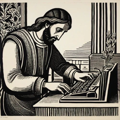 man with a computer,manuscript,work in the garden,woodcut,writing or drawing device,computing,typing machine,girl at the computer,computer,cool woodblock images,computer addiction,publish a book online,parchment,typing,digitization of library,woodblock prints,typesetting,computer business,blogging,book illustration,Art,Artistic Painting,Artistic Painting 50