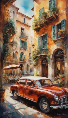 italian painter,old havana,vintage art,portofino,1000miglia,oil painting on canvas,vintage cars,cinquecento,classic cars,positano,art painting,vintage car,monte carlo,oil painting,triumph tr2,maserati 6cm,austin 1800,aronde,antique car,lancia,Illustration,Paper based,Paper Based 04