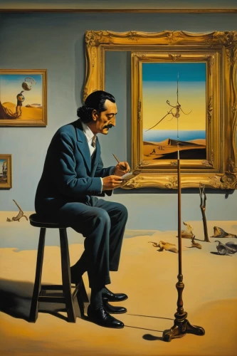 el salvador dali,dali,surrealism,the illusion,man with a computer,surrealistic,optical illusion,meticulous painting,self-reflection,optical ilusion,illusion,morning illusion,art dealer,thinking man,perception,painting technique,popular art,men sitting,parallel worlds,distant vision,Art,Artistic Painting,Artistic Painting 20