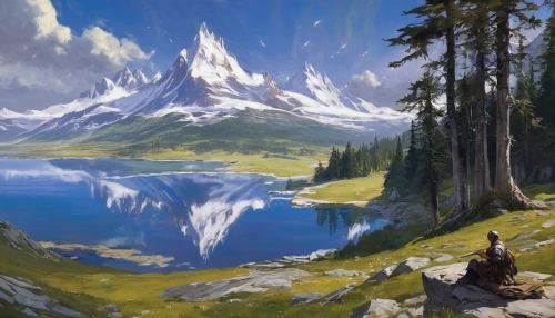 salt meadow landscape,landscape background,fantasy landscape,heaven lake,northrend,mountain scene,alpine lake,high landscape,mountain lake,mountain landscape,world digital painting,mountainlake,fantasy picture,high mountain lake,mountain world,idyllic,the spirit of the mountains,mountains,moraine,high mountains,Art,Classical Oil Painting,Classical Oil Painting 12