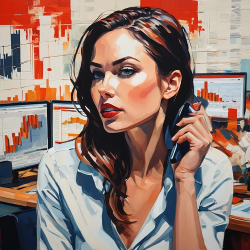 girl at the computer,telephone operator,stock broker,receptionist,woman sitting,woman thinking,office worker,white-collar worker,call center,call centre,dispatcher,stock exchange broker,stock trader,switchboard operator,secretary,telephony,businesswoman,girl studying,video-telephony,broker,Conceptual Art,Oil color,Oil Color 08