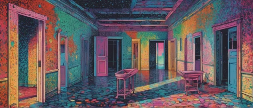 abandoned room,hallway space,hallway,psychedelic art,abandoned place,lsd,neon ghosts,rooms,abandoned places,trip computer,cold room,psychedelic,tapestry,the little girl's room,color pencil,dye,abandoned house,the threshold of the house,rest room,one room,Conceptual Art,Daily,Daily 31