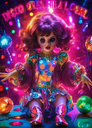 bjork,neon carnival brasil,voo doo doll,killer doll,neon candies,doll's festival,artist doll,tumbling doll,rubber doll,pinball,disco,collectible doll,female doll,horror clown,neon ghosts,neon body painting,la catrina,scary clown,dia de los muertos,painter doll,Illustration,Realistic Fantasy,Realistic Fantasy 38