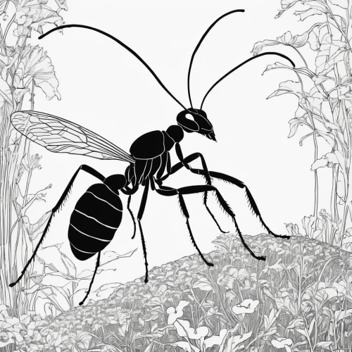carpenter ant,field wasp,black ant,wasp,hymenoptera,mantidae,blister beetles,insect,aedes albopictus,sawfly,robber flies,illustration,halictidae,black fly,leuconotopicus,drawing bee,insects,wasps,earwig,zosterops japonicus,Illustration,Black and White,Black and White 24