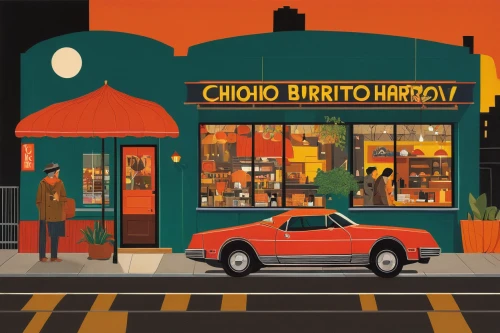 bistro,retro diner,bistrot,retro automobile,cd cover,barber shop,barbershop,retro vehicle,auto repair shop,retro car,burrito,retro background,new york restaurant,record store,t bird,cortado,pizzeria,fast food restaurant,mission burrito,auto repair,Illustration,Vector,Vector 13