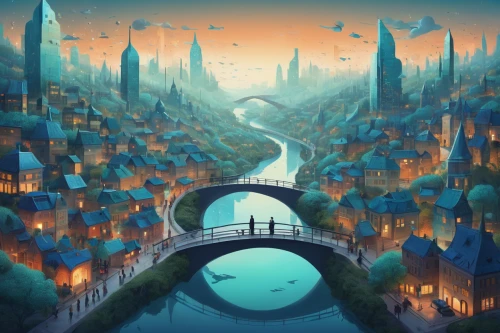 fantasy city,city moat,violet evergarden,french digital background,ancient city,cityscape,transistor,world digital painting,canals,fantasy landscape,city cities,fantasy world,city scape,dream world,river seine,evening city,futuristic landscape,spa town,riverside,sci fiction illustration,Illustration,Abstract Fantasy,Abstract Fantasy 07