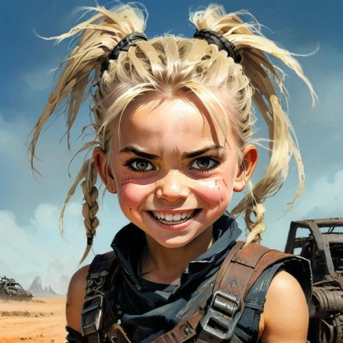 a girl's smile,dwarf sundheim,mad max,children of war,vector girl,pigtail,female warrior,world digital painting,mohawk,child girl,girl portrait,dwarf,edit icon,girl with gun,twitch icon,little girl in wind,child portrait,piper,digital painting,cute cartoon character,Conceptual Art,Fantasy,Fantasy 08