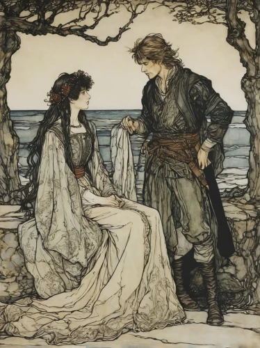 arthur rackham,kate greenaway,the pied piper of hamelin,idyll,the sea maid,shepherd romance,the wind from the sea,rusalka,courtship,young couple,alfons mucha,the people in the sea,hamelin,robert harbeck,mucha,lover's grief,a fairy tale,the three magi,midsummer,vintage illustration,Illustration,Retro,Retro 25