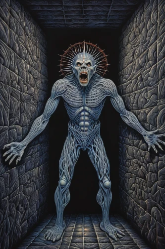 primitive man,biomechanical,wall,labyrinth,humanoid,threshold,the threshold of the house,daemon,supernatural creature,pall-bearer,sepulchre,tzimmes,reptilian,hinnom,gargoyle,hall of the fallen,the morgue,steve medlin,blue demon,petrification,Illustration,Abstract Fantasy,Abstract Fantasy 21