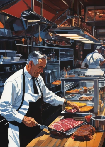 butcher shop,meat counter,fishmonger,butcher,entrecote,pastrami,steakhouse,meat analogue,butchery,cured meat,david bates,deli,cold cuts,dryaged,prosciutto,chef's uniform,meat products,steaks,meats,bayonne ham,Conceptual Art,Sci-Fi,Sci-Fi 23