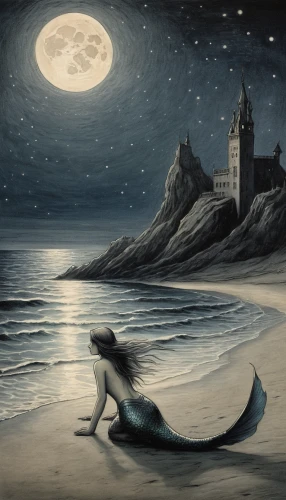 sea night,mermaid background,kelpie,fantasy picture,moonlit night,the sea maid,exploration of the sea,man at the sea,sea landscape,believe in mermaids,the night of kupala,blue moon,sea monsters,god of the sea,blue sea,girl with a dolphin,little mermaid,the shallow sea,the endless sea,seascape,Illustration,Black and White,Black and White 23