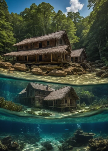 floating huts,underwater landscape,sunken church,house with lake,underwater oasis,fisherman's house,submerged,world digital painting,underwater playground,inverted cottage,underground lake,underwater background,house of the sea,shallows,abandoned place,backwater,summer cottage,the cabin in the mountains,house by the water,secluded,Photography,Artistic Photography,Artistic Photography 01