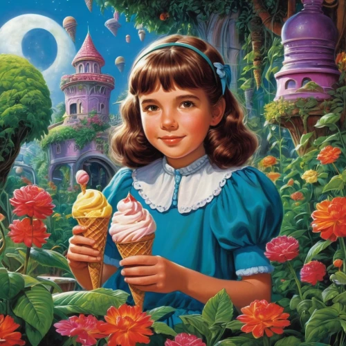 woman with ice-cream,girl in flowers,girl in the garden,shirley temple,girl picking flowers,candy island girl,wonderland,the little girl's room,children's background,girl with cereal bowl,eleven,woman holding pie,cinderella,virginia strawberry,the little girl,alice,girl with bread-and-butter,tutti frutti,ice cream cone,mystical portrait of a girl,Conceptual Art,Sci-Fi,Sci-Fi 20