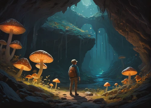 mushroom landscape,mushroom island,forest mushroom,forest mushrooms,mushrooms,agaric,umbrella mushrooms,yellow mushroom,mushroom,fungal science,blue mushroom,fungi,wild mushroom,chanterelle,exploration,mushroom type,wild mushrooms,cave tour,funnel chanterelles,toadstools,Conceptual Art,Oil color,Oil Color 16