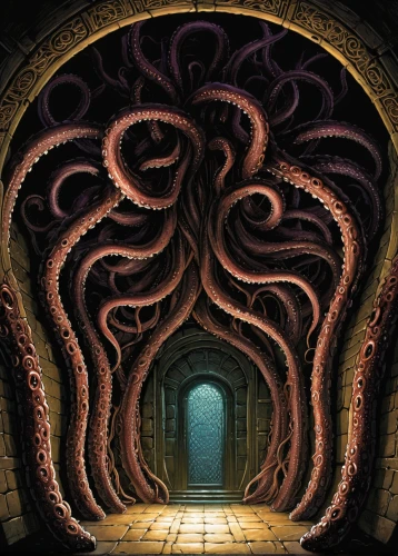 tentacle,sci fiction illustration,polyp,chamber,tentacles,kraken,giant squid,wormhole,deep sea nautilus,labyrinth,hall of the fallen,ringed-worm,intestines,dungeon,auqarium,hinnom,catacombs,gorgon,octopus tentacles,octopus,Illustration,American Style,American Style 02