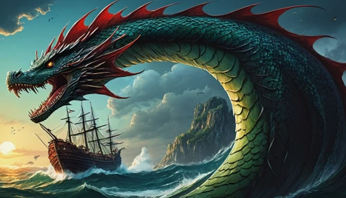 dragon of earth,sea fantasy,painted dragon,green dragon,black dragon,dragon,wyrm,heroic fantasy,viking ship,fantasy art,chinese dragon,fantasy picture,dragon boat,dragon li,dragons,viking ships,god of the sea,galleon,longship,dragon design,Conceptual Art,Daily,Daily 10