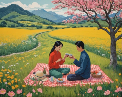 picnic,flower painting,girl and boy outdoor,tea ceremony,young couple,japanese art,oriental painting,korean culture,shirakami-sanchi,spring in japan,chinese art,spring festival,khokhloma painting,tulip festival,japanese culture,flowers field,romantic scene,blooming field,spring greeting,takato cherry blossoms,Illustration,Black and White,Black and White 15