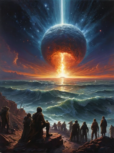 nuclear explosion,meteorite impact,the end of the world,end of the world,armageddon,atomic bomb,space art,the eruption,doomsday,burning earth,firmament,apocalypse,asteroid,close encounters of the 3rd degree,solar eruption,meteor,the conflagration,atmospheric phenomenon,geological phenomenon,terraforming,Art,Classical Oil Painting,Classical Oil Painting 15