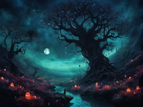 fantasy landscape,fantasy picture,haunted forest,fantasy art,enchanted forest,magic tree,fairy forest,halloween background,elven forest,forest of dreams,halloween bare trees,tree grove,fairy world,light of night,dark art,dark world,druid grove,mushroom landscape,moonlit night,the night of kupala,Illustration,Realistic Fantasy,Realistic Fantasy 37