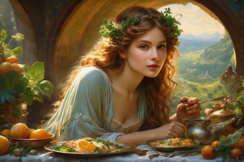 emile vernon,fantasy portrait,faery,fantasy picture,fantasy art,faerie,woman eating apple,romantic portrait,mystical portrait of a girl,jessamine,fairy tale character,celtic woman,girl in a wreath,dryad,the enchantress,fairy queen,enchanting,fantasy woman,green apples,fairy tales,Conceptual Art,Fantasy,Fantasy 05