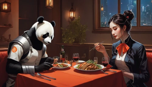 romantic dinner,chinese panda,dinner for two,chinese restaurant,pandas,fine dining restaurant,panda,xiaolongbao,japanese restaurant,bun cha,dining,appetite,chop sticks,tofu,chinese cuisine,dinner,chinese food,diner,kawaii panda,date night,Illustration,Realistic Fantasy,Realistic Fantasy 06