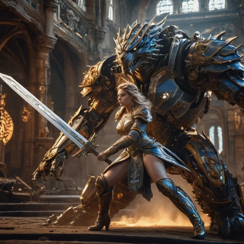 warrior and orc,massively multiplayer online role-playing game,heroic fantasy,female warrior,knight armor,excalibur,paladin,norse,protectors,warriors,scales of justice,fantasy warrior,vikings,knights,battle,knight,knight festival,visual effect lighting,games of light,armored