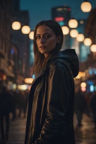 leather jacket,city ​​portrait,city lights,head woman,visual effect lighting,black coat,girl walking away,girl with a gun,girl in a long,the girl at the station,girl with gun,actress,lena,scene lighting,cinematic,citylights,woman holding gun,pedestrian,jacket,passenger,Photography,General,Cinematic