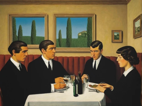 grant wood,men sitting,diner,waiting staff,apéritif,dinner party,stemware,aperitif,family dinner,dining,snifter,toasts,waiter,drinking establishment,bistro,drinking party,business meeting,businessmen,surrealism,bistrot,Art,Artistic Painting,Artistic Painting 06