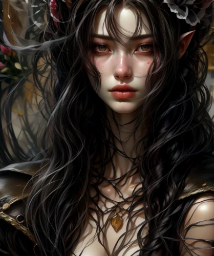 fantasy portrait,elven flower,faery,the enchantress,dryad,faerie,fantasy art,mystical portrait of a girl,elven,fairy queen,flora,oriental princess,faun,rusalka,fallen petals,fae,wreath of flowers,wilted,crown of thorns,widow flower