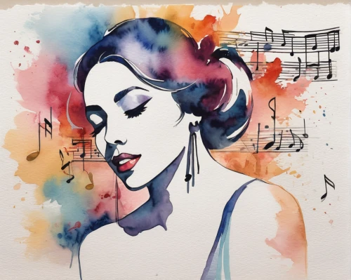 jazz singer,watercolor pin up,blues and jazz singer,watercolor paint strokes,watercolor women accessory,watercolor,music,watercolor painting,billie holiday,callas,musical notes,music notes,music note,jazz,watercolor paint,musician,watercolor background,piece of music,musical note,songbook,Illustration,Paper based,Paper Based 25
