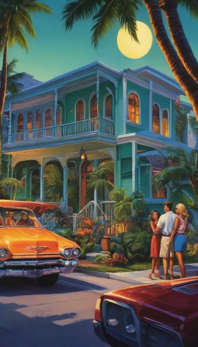key west,classic car and palm trees,edsel bermuda,florida home,coconut grove,the keys,1955 montclair,chevrolet delray,seaside resort,cuba background,palmbeach,holiday motel,packard caribbean,rosewood,fifties,seaside country,homestead,resort town,tropical house,car hop,Illustration,American Style,American Style 07