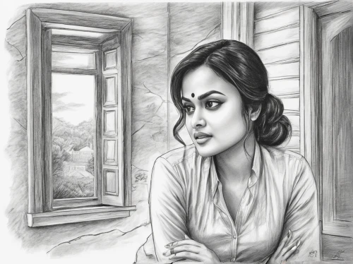 janmastami,jaya,indian woman,kajal,pencil drawing,woman thinking,girl drawing,by chaitanya k,humita,monoline art,potrait,indian art,pencil drawings,actress,photo painting,charcoal drawing,vintage drawing,romantic portrait,book illustration,woman at cafe,Illustration,Black and White,Black and White 30