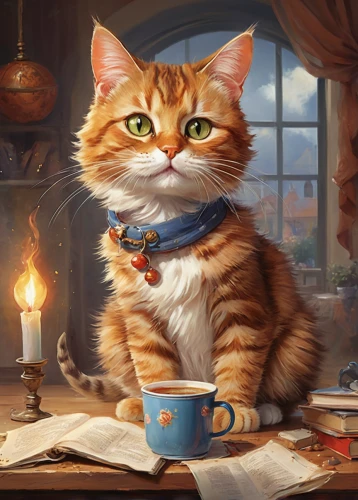 tea party cat,cat drinking tea,cat coffee,cat's cafe,scholar,red tabby,coffee and books,coffee background,teatime,teacup,fantasy picture,cute cat,fantasy art,cat sparrow,domestic cat,café au lait,tea and books,oktoberfest cats,cat portrait,cat image,Conceptual Art,Oil color,Oil Color 03