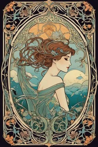 art nouveau,art nouveau design,mucha,art nouveau frame,art nouveau frames,alfons mucha,rusalka,mermaid vectors,siren,the wind from the sea,merfolk,birds of the sea,the sea maid,water nymph,green mermaid scale,mermaid,water-the sword lily,the zodiac sign pisces,mermaid background,girl with a dolphin,Illustration,Retro,Retro 13