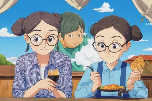 studio ghibli,hiyayakko,two glasses,mitarashi dango,anime cartoon,lotte,arrowroot family,grandparents,cooking book cover,tsumugi kotobuki k-on,old couple,camera illustration,couple boy and girl owl,picnic,cashew family,cooking show,sayama tea,mother and grandparents,game illustration,picnic basket,Art,Artistic Painting,Artistic Painting 21