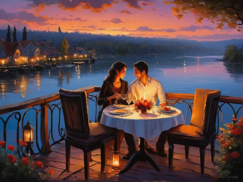 romantic dinner,romantic scene,romantic night,romantic portrait,dinner for two,romantic,romantic meeting,romantic look,paris cafe,candle light dinner,summer evening,evening atmosphere,fine dining restaurant,outdoor dining,in the evening,date,idyll,evening lake,art painting,loving couple sunrise,Conceptual Art,Oil color,Oil Color 06